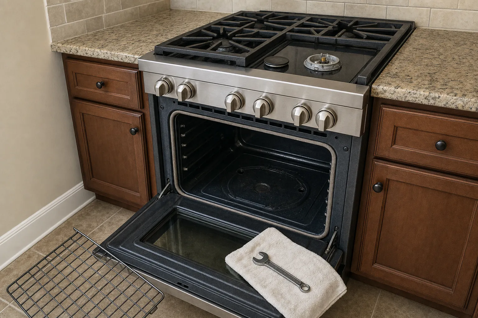 Pro-style stainless gas range with heavy cast-iron grates and one burner stripped, oven door open on its braided seal