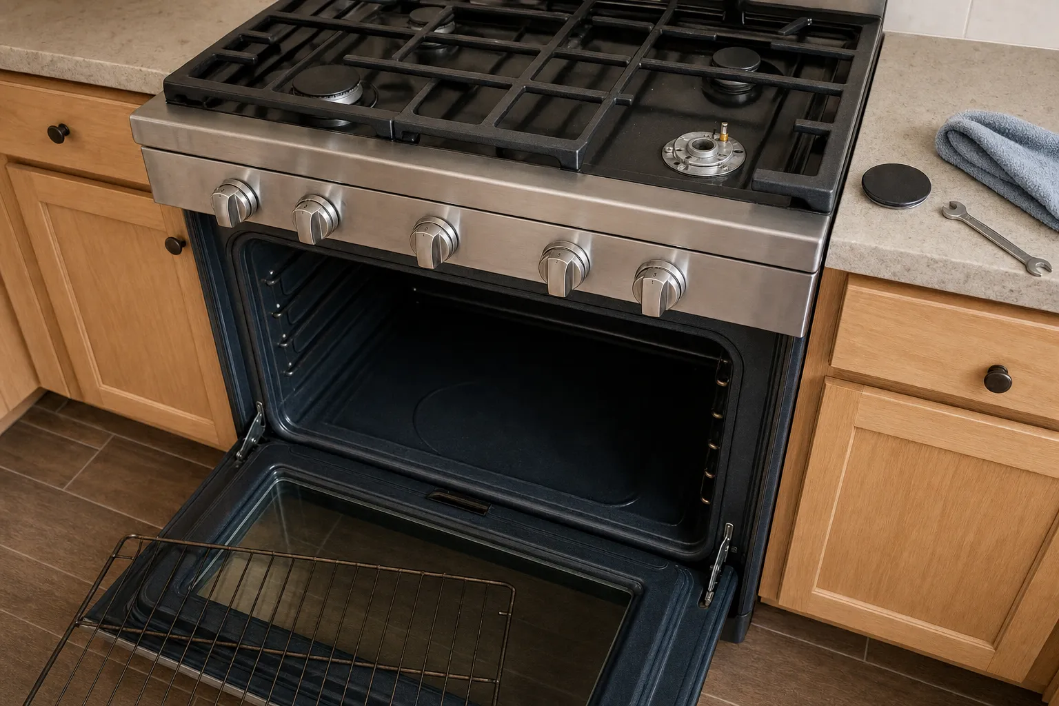 Five-knob gas range with one burner opened to its brass fitting and the oven door lowered on both hinge arms, cap and wrench on the counter