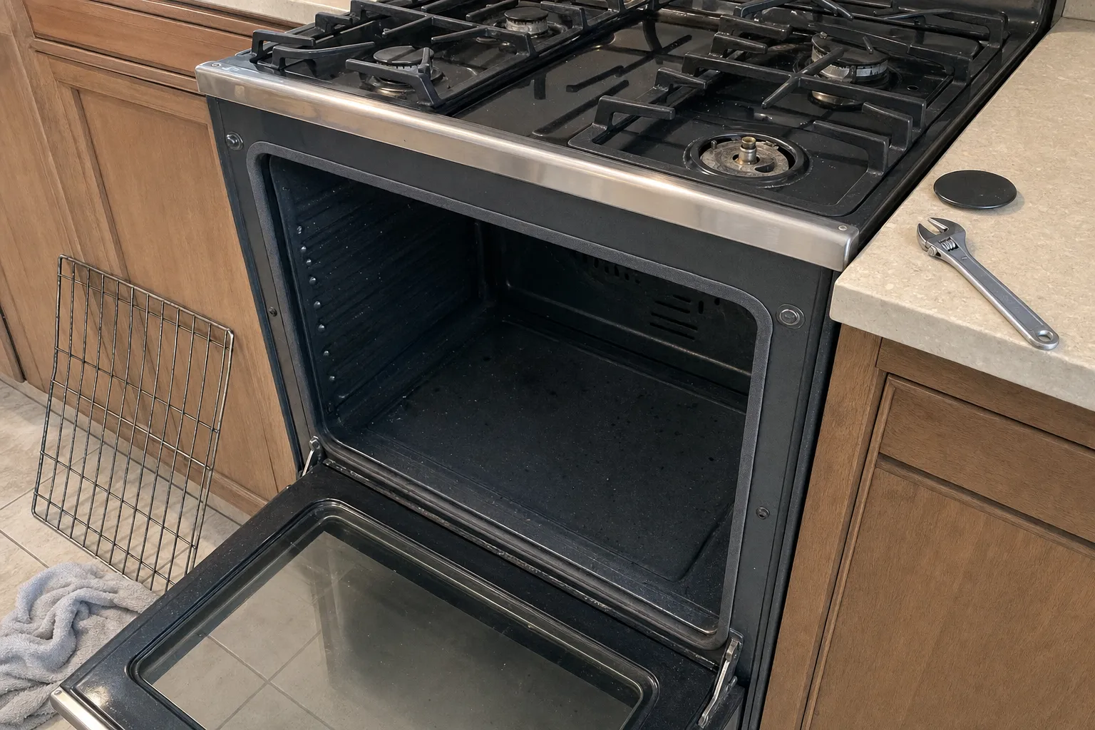 Slide-in gas range from the side with one burner stripped to its base, the cap and an adjustable wrench on the counter, oven door open