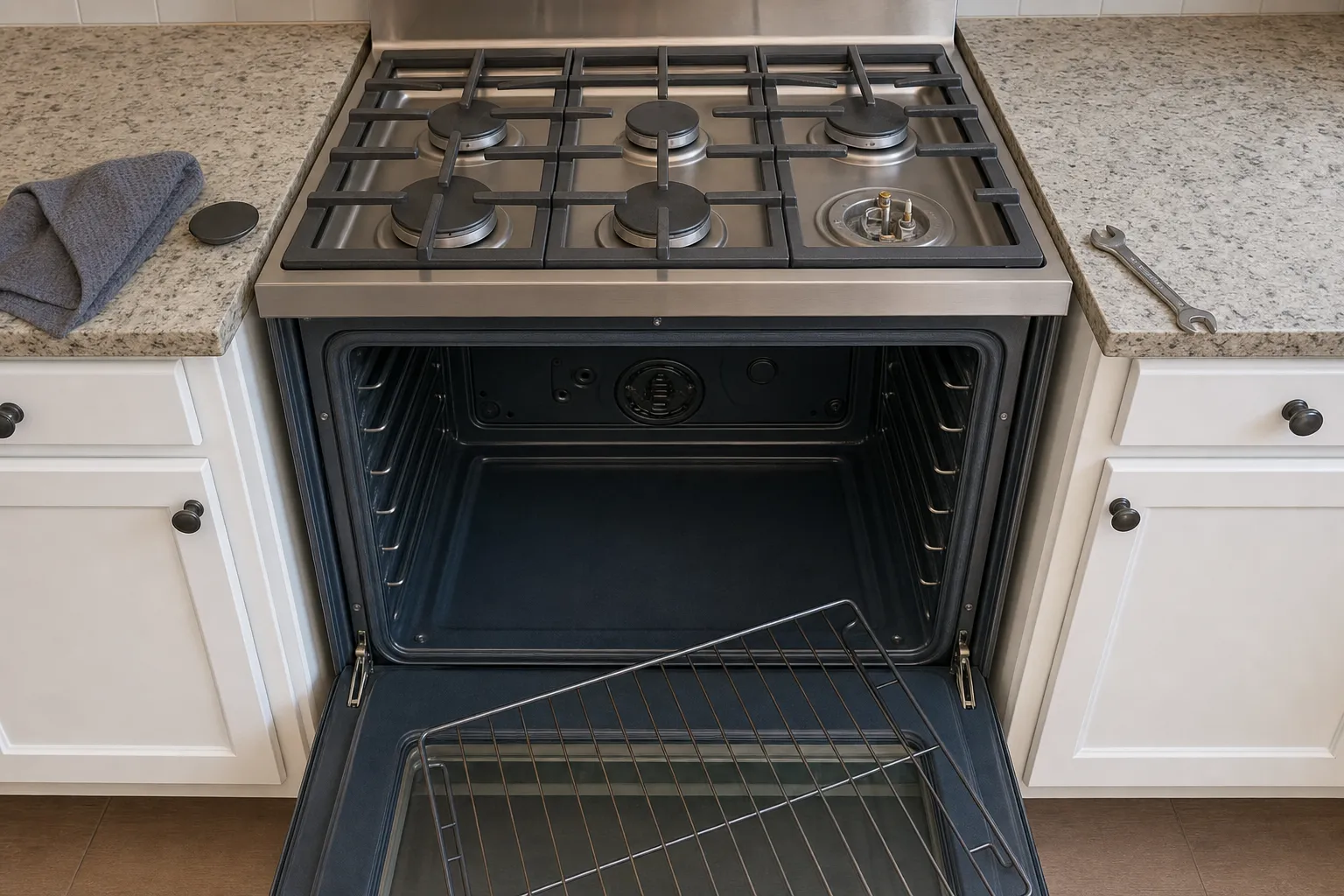 Six-burner stainless range with the front right burner stripped to a white ceramic electrode and brass fitting, its cap on the counter