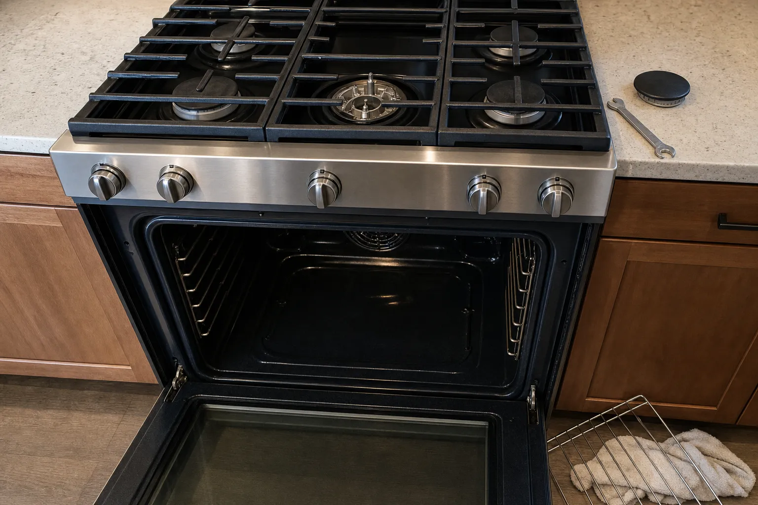 Five-knob gas range from above with the centre burner uncapped to show its ring of ports, the cap and a wrench on the counter