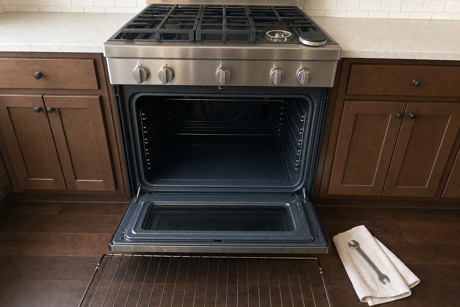 Five-knob gas range between dark cabinets, the oven door lowered and its rack pulled out onto the floor beside a folded towel and wrench