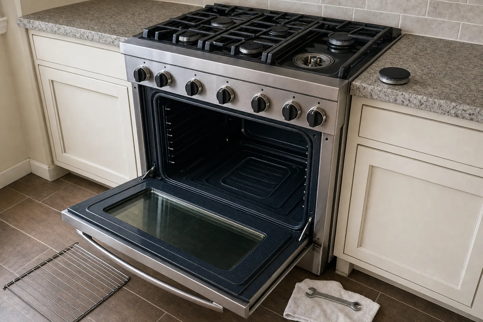 Seven-knob stainless gas range at an angle, one burner base bare with its cap on the counter, the oven door fully open on the glass