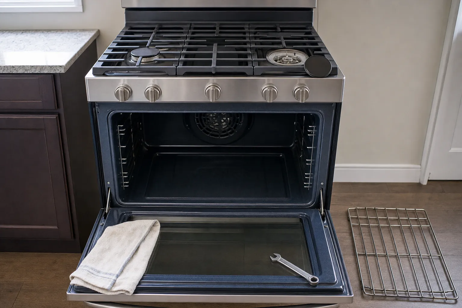 Five-knob gas range with one right-hand burner uncapped, the oven open to its fan cover, a towel draped over the door and the rack on the floor