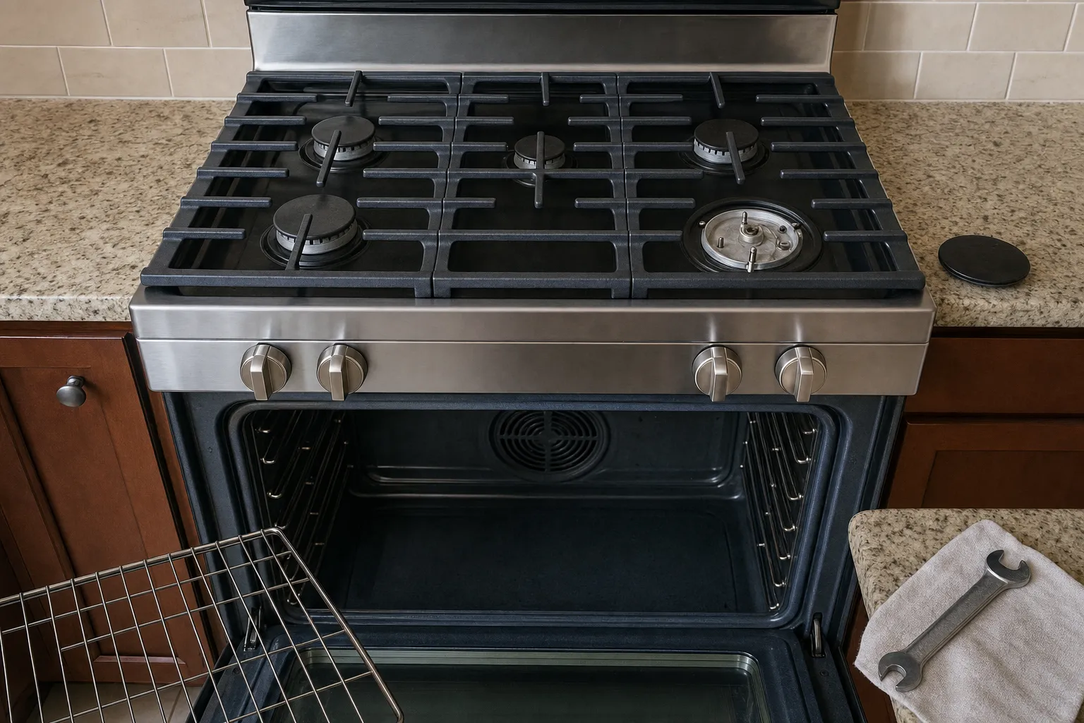 Continuous cast-iron grates on a gas range with the front right burner bare to its base and pins, the cap set on the counter